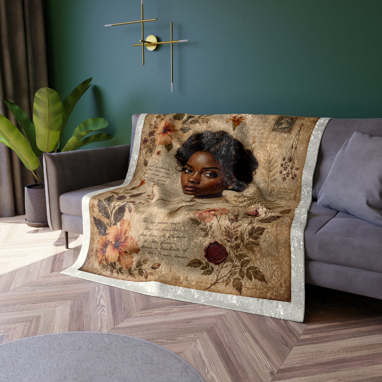 Crushed Velvet Blanket | Vintage Floral Portrait Throw (Brown & Gold)