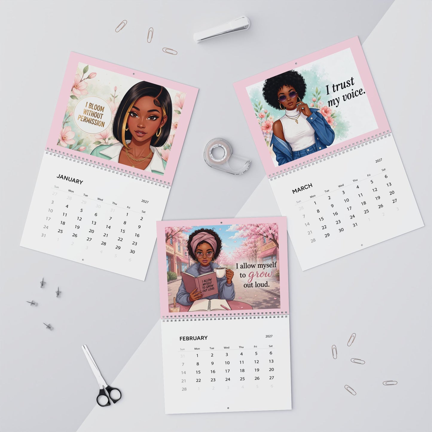 2027 Inspirational Black Women Wall Calendar; 'I Bloom Without Permission' Monthly Art Calendar