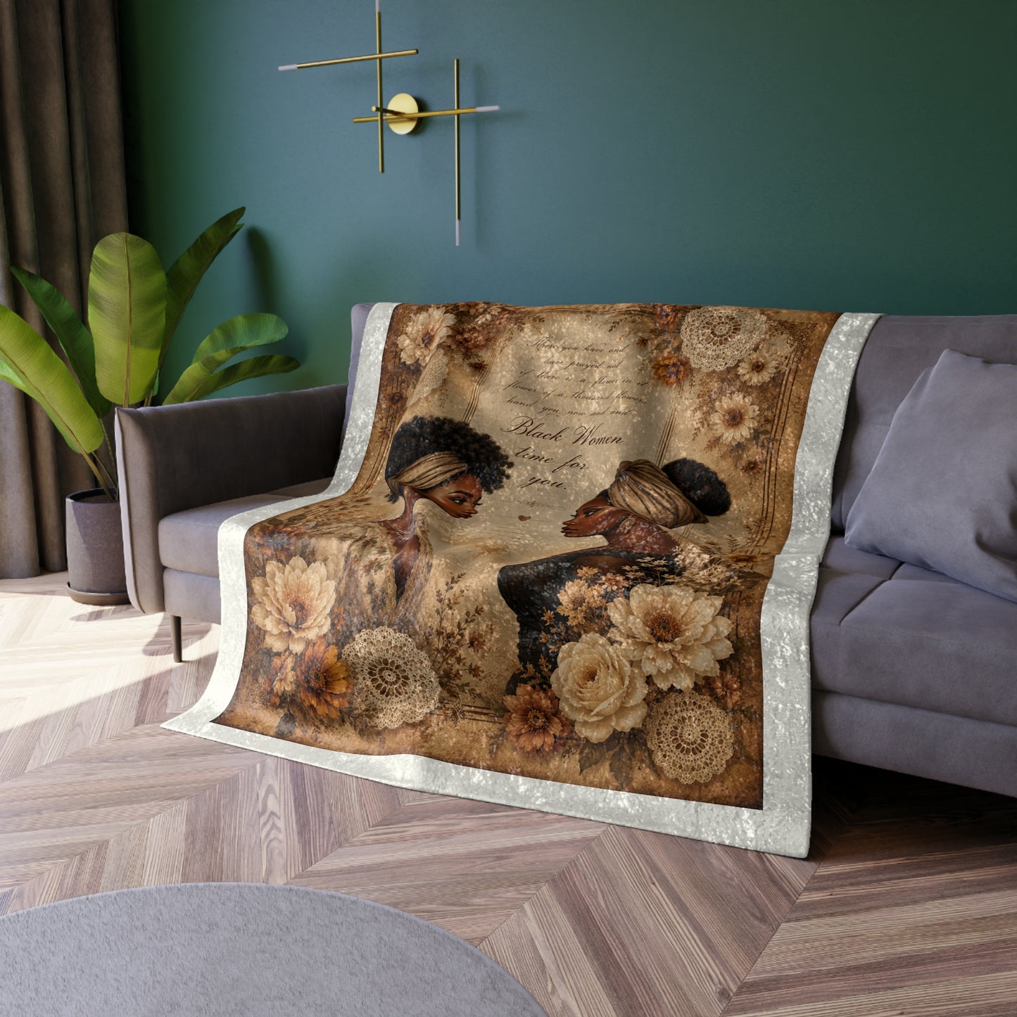 Crushed Velvet Blanket - Vintage Floral Black Women Portrait Throw