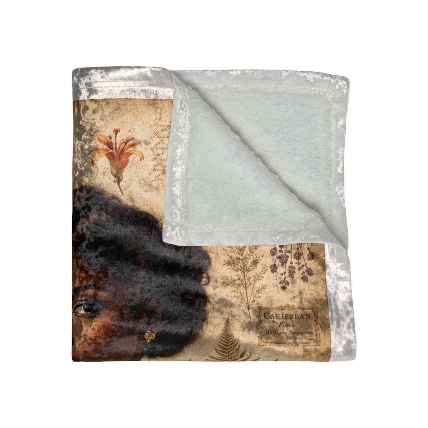 Crushed Velvet Blanket | Vintage Floral Portrait Throw (Brown & Gold)