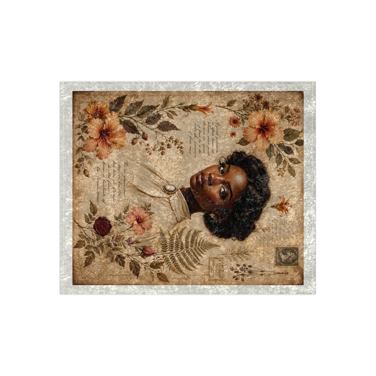 Crushed Velvet Blanket | Vintage Floral Portrait Throw (Brown & Gold)