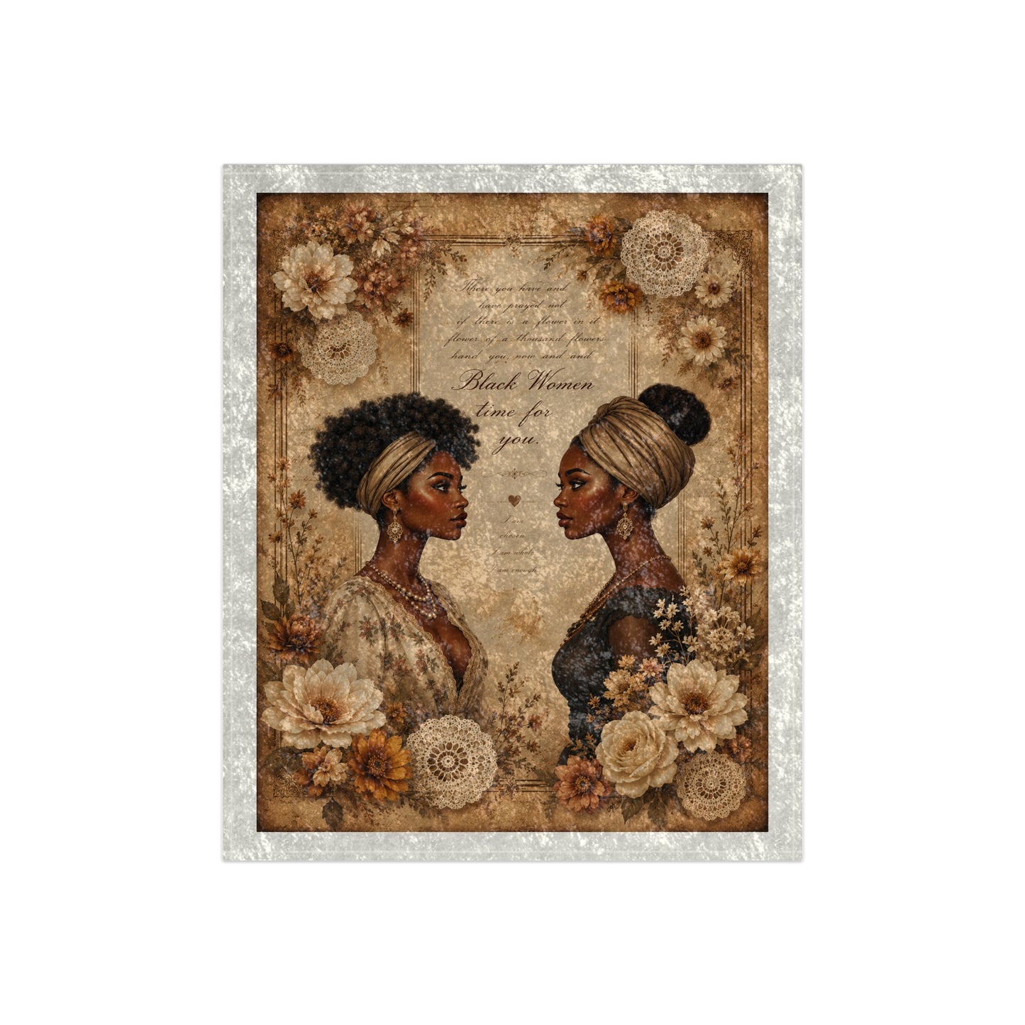 Crushed Velvet Blanket - Vintage Floral Black Women Portrait Throw